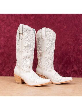Shyanne Wmn Denisse Wedding Pearl Accent Cream Leather Western Cowboy Boots 6.5